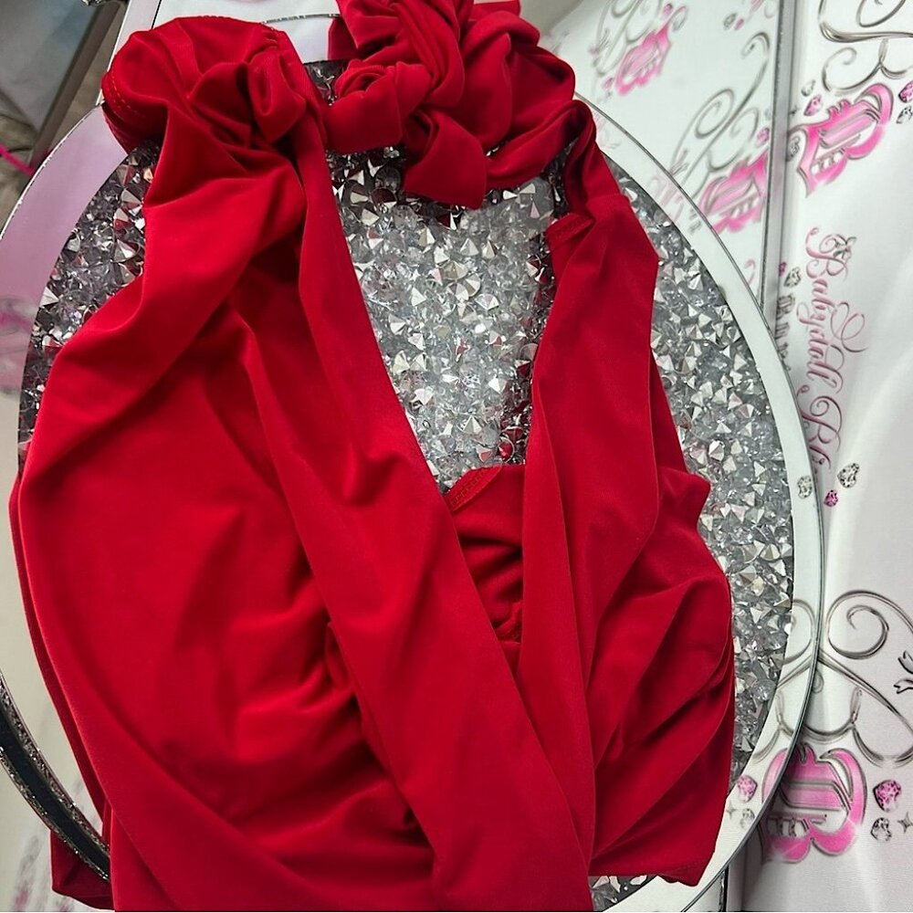 Halter scoop neck low neckline sexy club wear top Elegant Red Women's Top